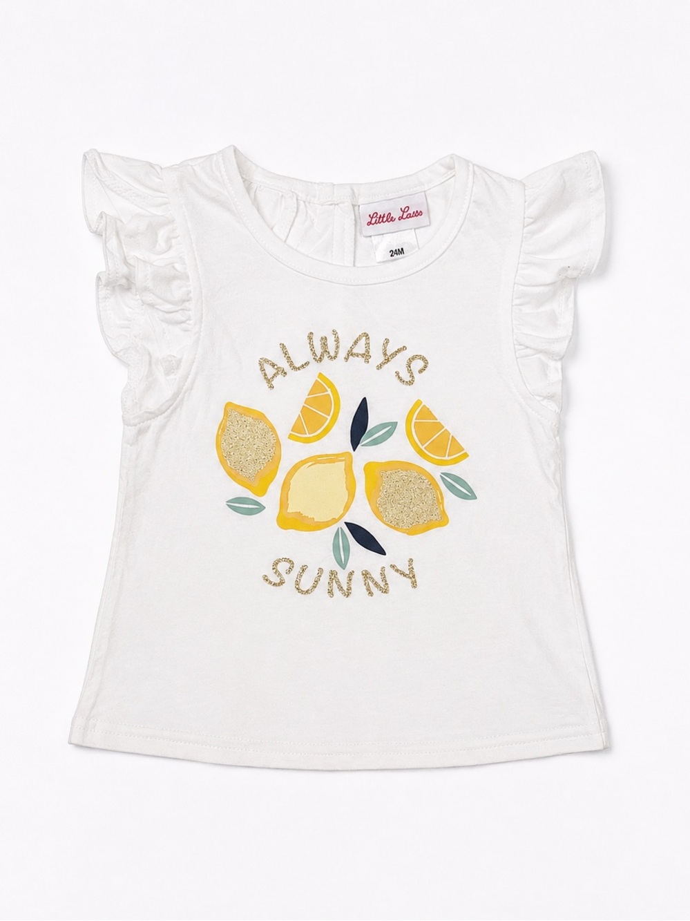 Little Lass White Ruffle Sleeve Tee with Yellow Lemon Graphic